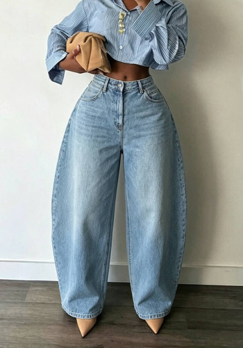 Women Autumn Light Blue Curved Casual Denim Wide Leg Pants