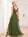 Women V-Neck Beaded Chiffon Sleeveless Side Slit Evening Gown