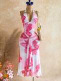 Women Summer V Neck Halter Neck Print Backless Dress