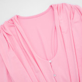 Women Autumn Solid Ruched Button Long Sleeve Bodysuit