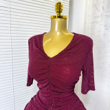 Women French Elegant Stretchy Mesh Ruched V Neck Summer Maxi Dress