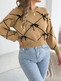 Women’s Fall Winter Fashion Contrast Bow Puff Sleeve Sweater