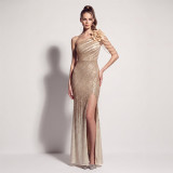 Women’s Formal Party Plus Size Slash Shoulder Gradient Sequin Floral Slit Long Dress