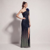 Women’s Formal Party Plus Size Slash Shoulder Gradient Sequin Floral Slit Long Dress