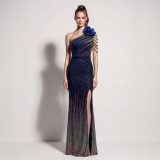 Women’s Formal Party Plus Size Slash Shoulder Gradient Sequin Floral Slit Long Dress