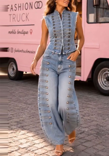 Women’s American Button-Down Denim Vest Side Metal Buckle Wide-Leg Denim Pants Two-Piece Set