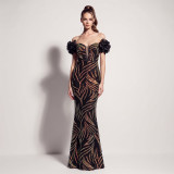 Women’s Formal Party Plus Size Fishbone Slim Waist Lace-Up Sequin Floral Long Dress