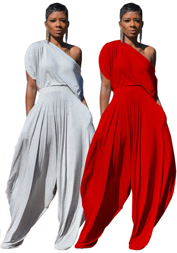 Women’s Casual Solid Color Slash Shoulder Harem Pants Two-Piece Set