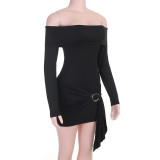 Women’s Fall Off Shoulder Long Sleeve Ribbon Slim Fit Chic Short Dress