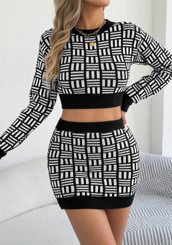 Women’s Fall Winter Fashion Contrast Crop Top Bodycon Skirt Two-Piece Set