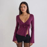 Women’s Slim Fit Elegant Chic V-Neck Lace-Up Long Sleeve Top