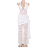 Women’s Halter Neck Lace Patchwork See-Through Chic V-Neck Slim Waist Long Dress