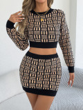 Women’s Fall Winter Fashion Contrast Crop Top Bodycon Skirt Two-Piece Set