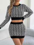 Women’s Fall Winter Fashion Contrast Crop Top Bodycon Skirt Two-Piece Set