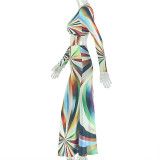 Women’s Beach Fashion Color Block Crop Long Sleeve U-Neck Two-Piece Skirt Set