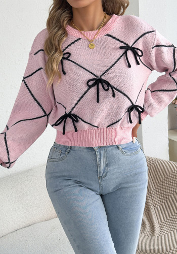 Women’s Fall Winter Fashion Contrast Bow Puff Sleeve Sweater