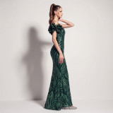 Women’s Formal Party Plus Size Fishbone Slim Waist Lace-Up Sequin Floral Long Dress