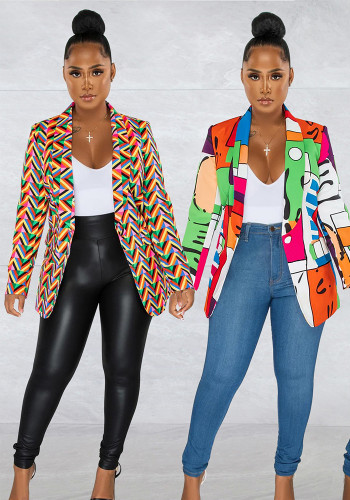 Women’s Fashion Print Turndown Collar V-Neck Long Sleeve Blazer