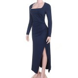 Women’s Sexy Long Sleeve Square Neck Slim Waist Chic Slit Evening Dress