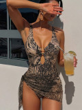 Women’s Printed Sexy One-Piece Swimsuit with Mesh Skirt Two-Piece Set for Beach Holidays