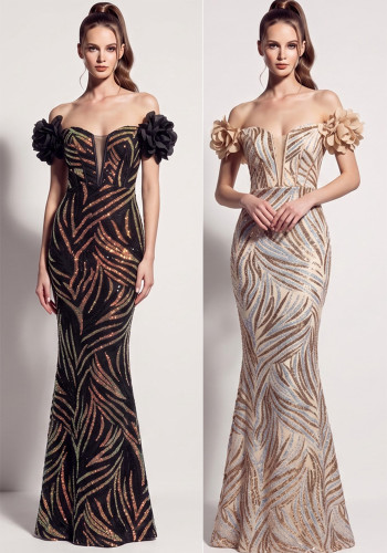 Women’s Formal Party Plus Size Fishbone Slim Waist Lace-Up Sequin Floral Long Dress