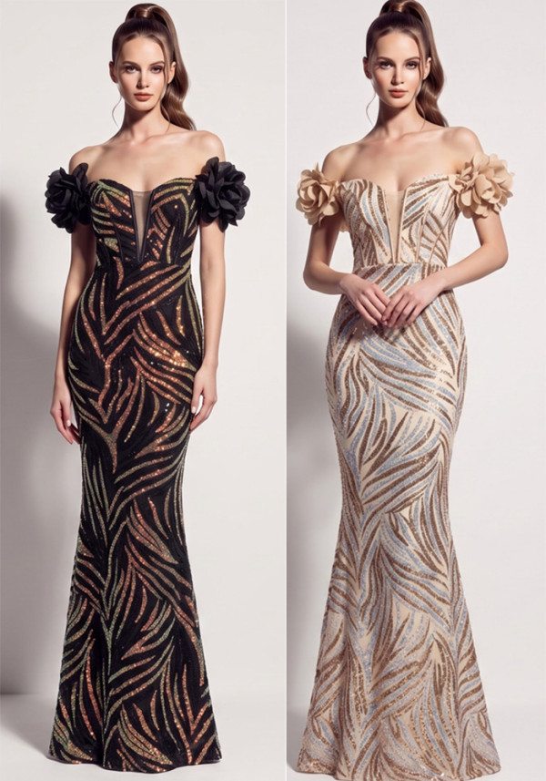 Women’s Formal Party Plus Size Fishbone Slim Waist Lace-Up Sequin Floral Long Dress