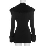 Women’s Fall Solid Color Sexy Deep V-Neck Slim Waist Fur Collar Dress