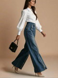 Women’s Dark Blue Washed High-Waisted Pleated Long Zipper Wide-Leg Denim Pants