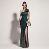 Women’s Formal Party Plus Size Slash Shoulder Gradient Sequin Floral Slit Long Dress