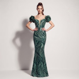 Women’s Formal Party Plus Size Fishbone Slim Waist Lace-Up Sequin Floral Long Dress