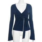 Women’s Slim Fit Elegant Chic V-Neck Lace-Up Long Sleeve Top