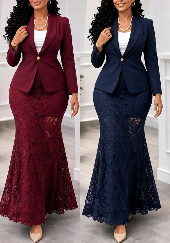 Women’s Plus Size Slim Waist Blazer Lace Mermaid Skirt Two-Piece Set