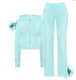 Women’s Hooded Cropped Zip-Up Hoodie Ruffle Bell Bottom Pants Two-Piece Set