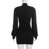 Women’s Solid Color Mock Neck Long Sleeve Slim Fit Sexy Bodycon Mini Dress