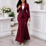 Women’s Plus Size Slim Waist Blazer Lace Mermaid Skirt Two-Piece Set
