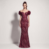 Women’s Formal Party Plus Size Fishbone Slim Waist Lace-Up Sequin Floral Long Dress
