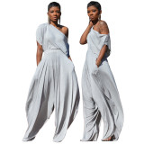 Women’s Casual Solid Color Slash Shoulder Harem Pants Two-Piece Set