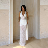 Women’s Halter Neck Lace Patchwork See-Through Chic V-Neck Slim Waist Long Dress