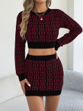 Women’s Fall Winter Fashion Contrast Crop Top Bodycon Skirt Two-Piece Set