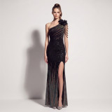 Women’s Formal Party Plus Size Slash Shoulder Gradient Sequin Floral Slit Long Dress