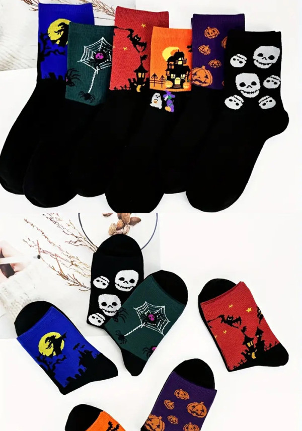 Unisex Plus Size Halloween Skull Pumpkin Bat Cartoon Print Socks