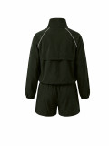 Women’s Spring Fall Casual Contrast Zip-Up JJacket Shorts Two-Piece Sports Set