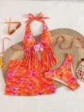 Women’s Print Slim Fit V-Neck Lace Patchwork Sexy Holiday Print Three-Piece Skirt Bikini Swimsuit