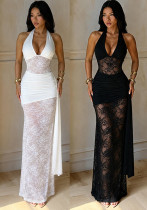 Women’s Halter Neck Lace Patchwork See-Through Chic V-Neck Slim Waist Long Dress Women’s Halter Neck Lace Patchwork See-Through Chic V-Neck Slim Waist Long Dress