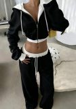 Women’s Fall Winter Street Style Solid Color Patchwork Zip Hoodies Pants Two-Piece Set