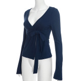 Women’s Slim Fit Elegant Chic V-Neck Lace-Up Long Sleeve Top