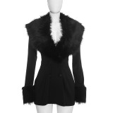 Women’s Fall Solid Color Sexy Deep V-Neck Slim Waist Fur Collar Dress