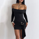 Women’s Fall Off Shoulder Long Sleeve Ribbon Slim Fit Chic Short Dress