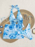 Women’s Print Slim Fit V-Neck Lace Patchwork Sexy Holiday Print Three-Piece Skirt Bikini Swimsuit