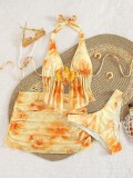 Women’s Print Slim Fit V-Neck Lace Patchwork Sexy Holiday Print Three-Piece Skirt Bikini Swimsuit